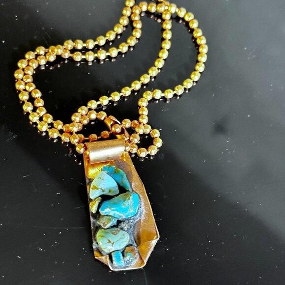 Kingman Turquoise Copper Pendant Necklace Brutalist Gift Choker 16" Handmade - Picture 5 of 6